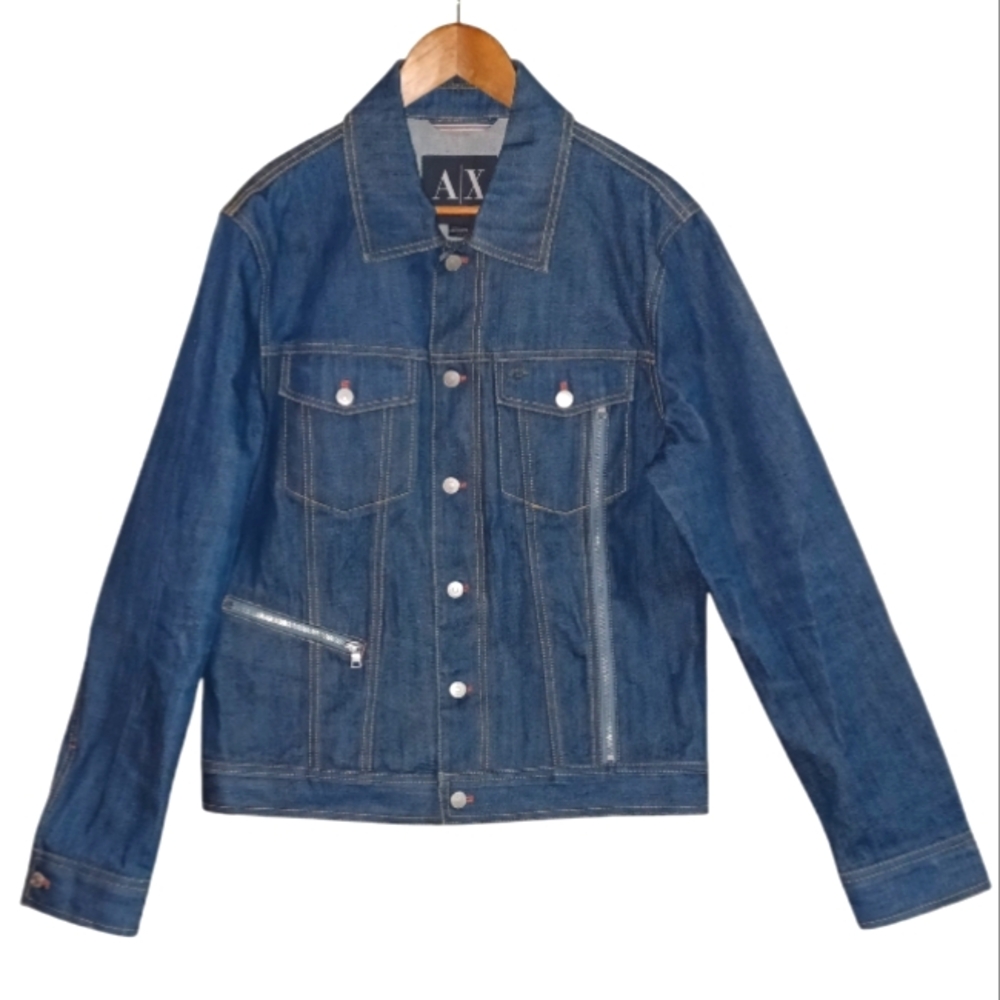New A/X Armani Exchange Men's Large Denim 100% Cotton Button Up Blue Jean Jacket